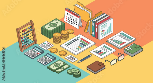 Detailed isometric workspace with financial tools including calculators, stacks of cash, coins, and data documents.