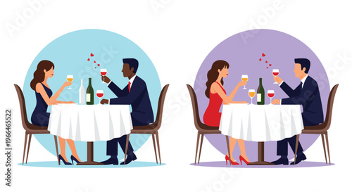 Two romantic couples enjoying a candlelight dinner with wine at a professional restaurant in separate circular frames.