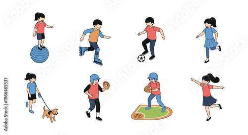 Diverse children participating in various outdoor sports and activities like soccer, skating, and walking a dog.