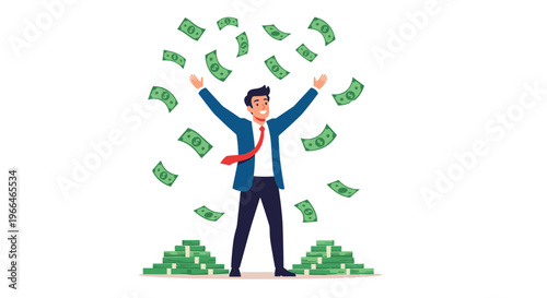 Extremely happy successful businessman standing with arms raised in joy while money bills fall around him from above.