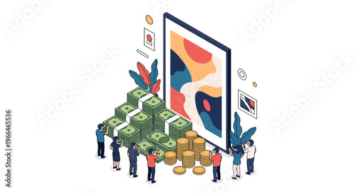 Group of tiny photographers taking pictures of a massive colorful abstract painting and large stacks of money.