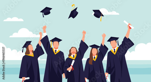 Group of happy graduates in gowns and caps celebrating their success by the sea with hats thrown in the air.