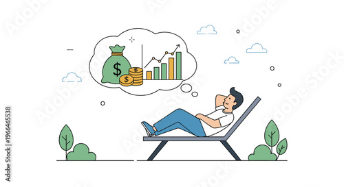 Successful man lying on a lounge chair outdoors dreaming of financial success with money bags and growth charts.