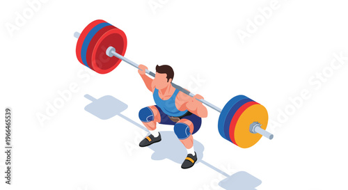 Strong male athlete performing a heavy barbell back squat in an isometric view showing proper form and technique.