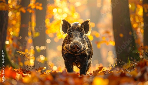 Wild Boar in Autumn Forest - A Majestic Encounter with Nature.