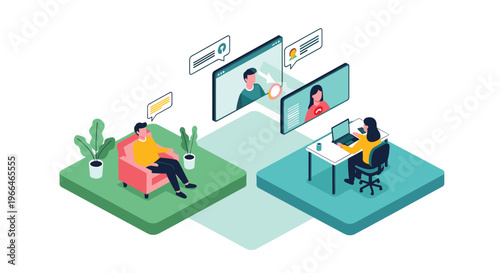 Diverse group of professionals having a virtual video conference call from their home offices using laptops and screens.