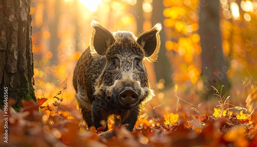 Wild Boar in Autumn Forest - A Portrait of Natures Beauty.
