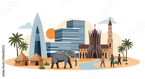 Scenic African landscape combines traditional huts and an elephant with modern city skyscrapers under a bright orange sun.