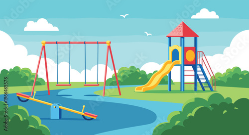 Vibrant outdoor playground for children featuring a slide, swings, see-saw, and lush green bushes under a blue sky.