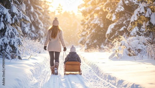 Winter Wonderland - Mother and Child Sledding Through Snowy Forest.