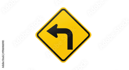 Yellow diamond road sign indicating a sharp left turn ahead on the highway. isolated on transparent background