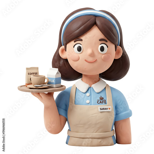 Clay Style Cafe Worker Holding Tray With Coffee and Milk Cartoon Style 3D Icon