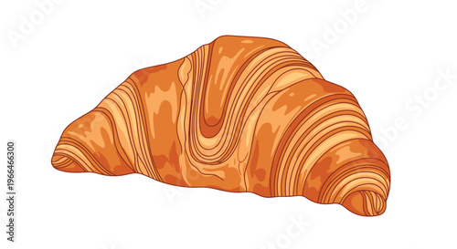 Golden brown flaky croissant pastry with detailed layers and a crescent shape shown on a white background.