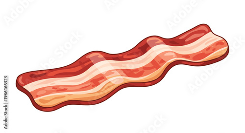Tasty looking slice of fried or smoked bacon with red meat and white fat layers in a cartoon style.