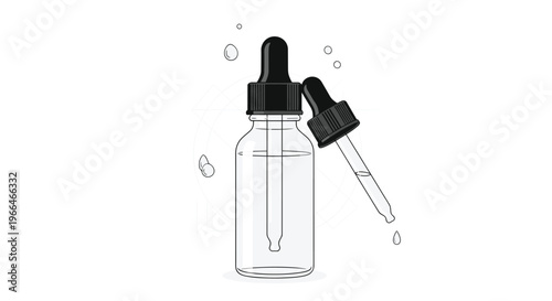 Clear glass dropper bottle with black cap and liquid inside accompanied by a separate dropper and water drops.