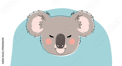 Adorable gray koala head with pink cheeks and closed eyes against a soft blue background circle.