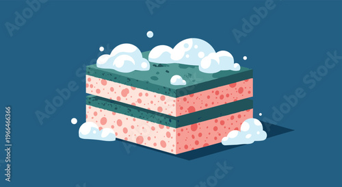 Dual-layered pink and green dish washing sponge covered in white soapy foam and bubbles on a blue background.