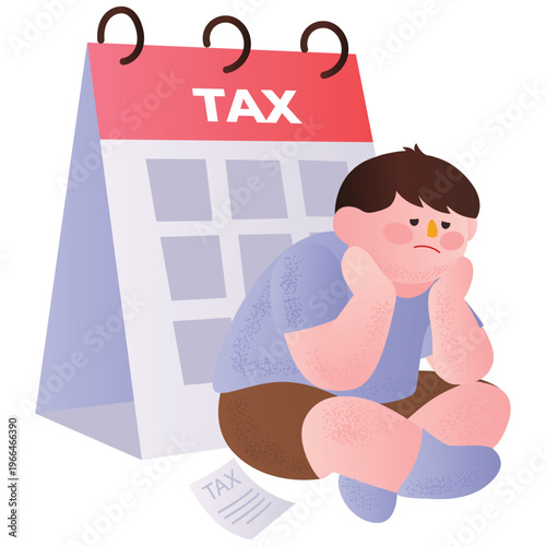 Tax Season Illustration. Vector illustration of Man sitting stressed beside tax calendar and documents. Isolated on background