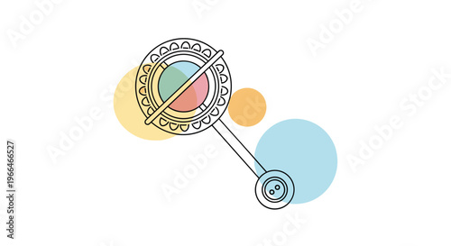 Minimalist line art baby rattle with colorful circles in the background representing a childs toy.
