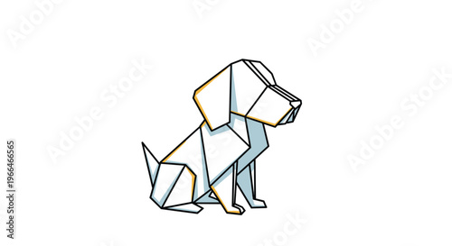 White paper origami dog in a sitting position with sharp geometric folds and yellow outline details.
