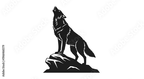 Black silhouette of a wolf howling on a rock