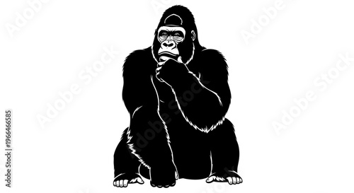 Black silhouette of a gorilla sitting on the ground looking thoughtful