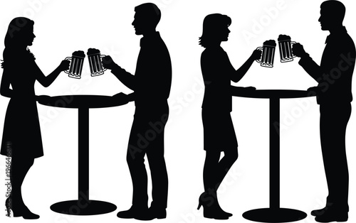 Couple drinking beer silhouettes set, people clinking mugs at bar table social vector illustration design