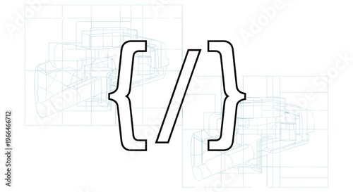 Brackets and a slash symbol representing computer programming code against a technical blueprint of machine parts.