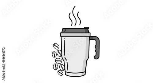 Travel coffee mug or tumbler with a handle and lid surrounded by coffee beans and rising steam on a white background.