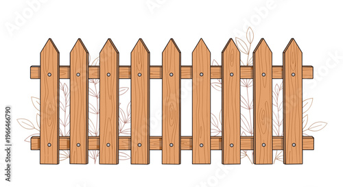 Classic wooden picket fence with pointed tops and horizontal rails stands in front of some delicate leafy plant stems.