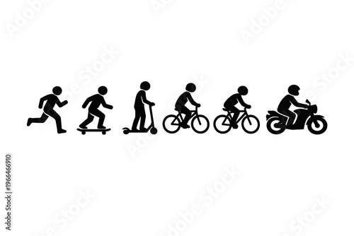 Progressive visual representation of human powered and motorized personal travel, depicting a journey through various transport methods