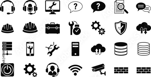 Business and technology icon set for support, service, and security, hard drive, support center, help desk