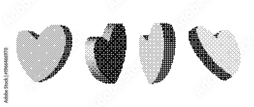 Bitmap halftone heart collection. Dither 3d rasterized rotating hearts set. Pixelated heart-shaped design elements for sticker, collage, banner, poster, leaflet. Retro Y2K 8 bit effect bundle. Vector