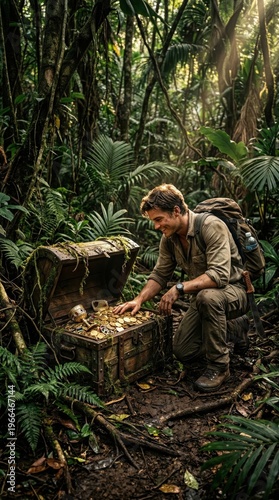 Happy explorer discovering an ancient treasure chest full of gold coins in a dense tropical rainforest