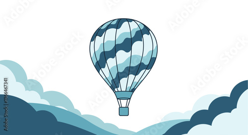 Blue and white patterned hot air balloon floating high in the sky among soft blue clouds in a peaceful scene.