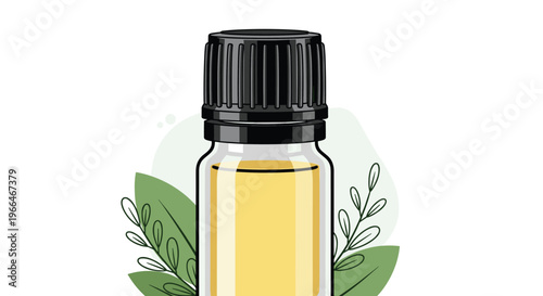 Small glass bottle of essential oil or medicine with a black cap and green leaves in the background for natural health.