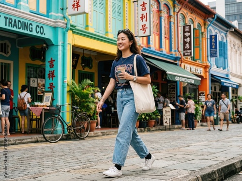 Woman walking on street with smartphone and tote bag near colorful shop houses. Urban travel lifestyle concept.