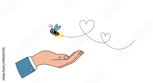 Firefly flying away from a human hand in a blue suit sleeve with heart shaped motion trails to show love for nature.