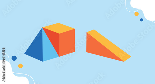 Colorful geometric 3d shapes including a blue pyramid, orange cube, and yellow wedge are arranged on a playful blue background.