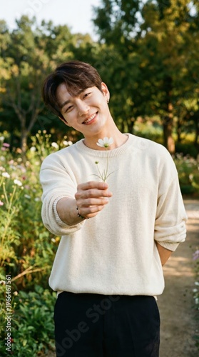 Stylish Korean Man holding white flower in hand smiling in garden with greenery. Romance and dating concept.
