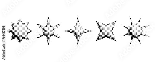 Halftone bitmap stars set. Pixelated comic burst and sparkle for poster, banner, flyer, collage, sticker. 3d dotted grain star shape collection. Pixel grunge element bundle. Vector graphic design pack