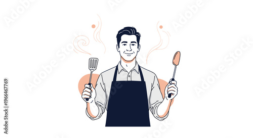 Smiling male chef wearing a black apron holds a metal spatula and a serving spoon while steam rises from invisible food in the background.