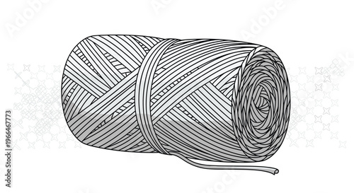 Thick roll of grey thread or industrial twine is wrapped tightly into a cylinder shape against a subtle patterned white background.