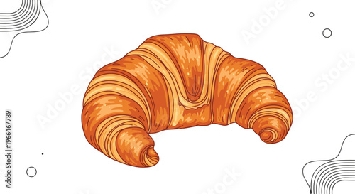 Golden brown flaky croissant pastry is illustrated with detailed layers on a white background with abstract decorative line elements.