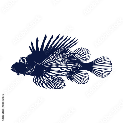 Dark blue lionfish silhouette with white outline on white background