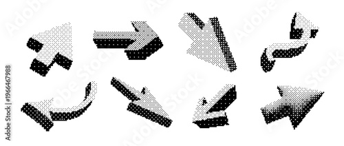 Black halftone arrow symbol set. Dotted arrowhead shape collection. Comic pop art direction or navigation icon bundle. Vector Bitmap curved or straight pointer sign pack for infographic poster, report