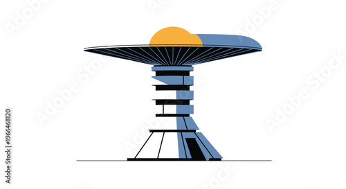 Unique futuristic architectural tower with a wide disk-shaped top and a yellow dome stands as a landmark of modern structural design.