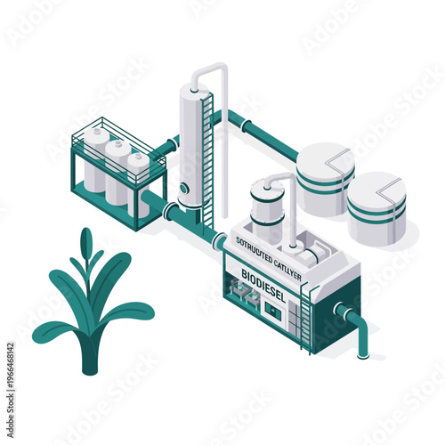 Isometric illustration of a biodiesel production plant, showcasing the process from raw materials to finished product.