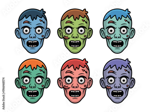 Colorful Cartoon Zombie Faces with Horror Expressions