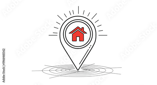 Map location pin featuring a small red house icon is positioned over concentric circular target lines representing real estate.
